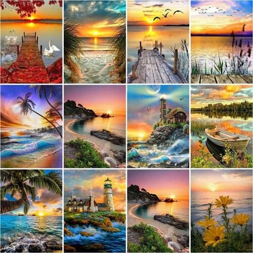 HUACAN 5D Diamond Embroidery Sunset Full Square Cross Stitch Diamond Painting Landscape Mosaic Seaside Art Rhinestone Home Decor