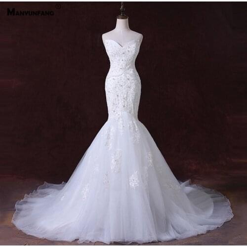 Custom Made 2021 New Arrival Strapless Crystal Chapel Train Bridal Gown Elegant Embroidery Appliques Tulle Mermaid Wedding Dress