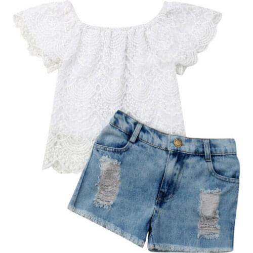 2PCS Kids Baby Girl Outfit 1-6Y Summer Clothes Sets Lace Floral Tops+Denim Short Pants Clothes Set