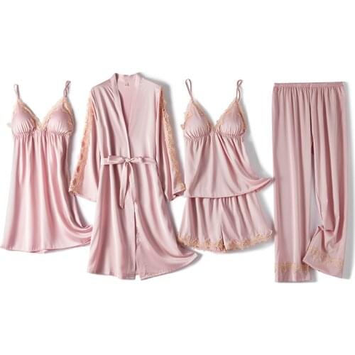 Pink 5PCS Rayon Lady Robe Gown Sets Sexy V-Neck Suspender Skirt Kimono Bathrobe Pajamas Suit Loose Lounge Home Dress Sleepwear