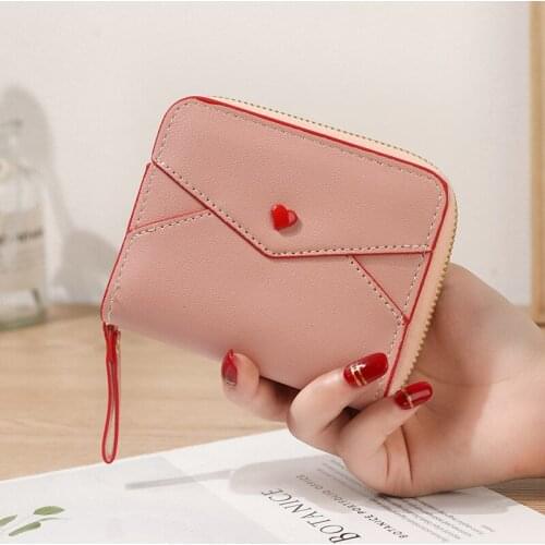 Envelope Short Heart Women Wallets Retro Zipper Coin Purses Female Pu Leather Solid Color Hasp Card Holder Mini Money Clip