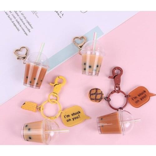 Creative Cute Pearl Milk Tea Cookies Shaped Keychain Women Girl Bag Pendant Car Key Chains Keyring Personality Ornaments Gifts