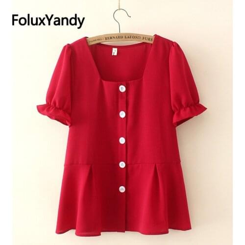 Square Collar Summer Shirt Plus Size Women Blouse Casual Puff Short Sleeve Shirts Black Red KKFY5501
