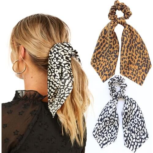 Fashion Leopard Print Satin Hair Scrunchies Summer Ponytail Holder Elastic Srunchie For Women Girls Bows Hair Scarf Ties Ropes