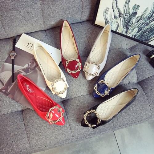 Multi-color pointed toe single shoes metal buckle japanned leather flats loafers OL black work shoes lazy slip on soft moccasins