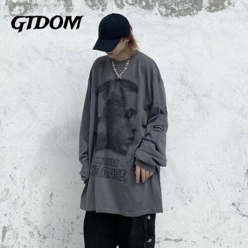 GTDOM Vintage Portrait Print Men Clothing Cotton O-Neck Long Sleeve Loose 2021 Autumn New Casual Deep Black Hip Hop T-shirts