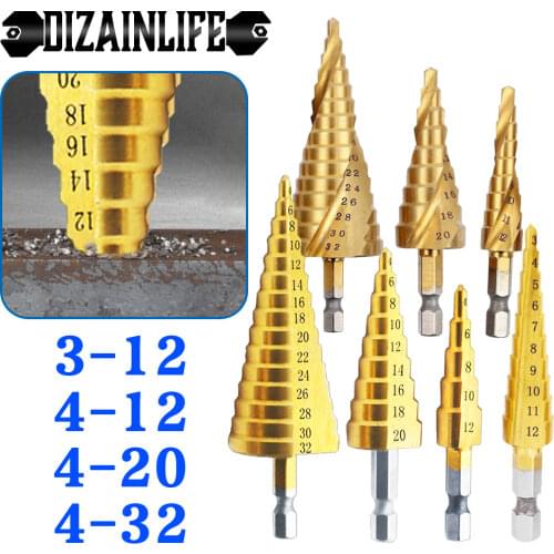 HSS Straight Spiral Groove Step Drill Bit Set Step Cone Drill Titanium Coated Wood Metal Hole Cutter Drilling Power Tools