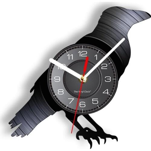 Raven Black Vinyl CD Disc Silent Quartz Clock Traditional Gothic Home Decor Perched Crow Raven Bird Vinyl Record Wall Clock