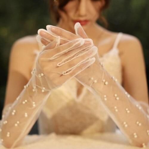 New Women Summer Sexy Lace Breathable Sunscreen Thin Long Gloves Pearl Decoration Hollow Transparent Elegant Exquisite Gloves