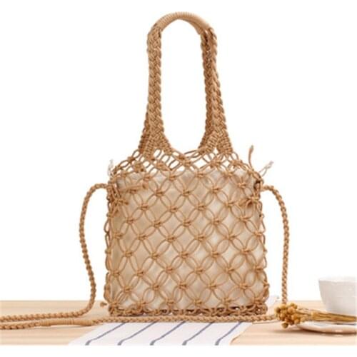 Pure Color Hand Carrying Crossbody Hollow Woven Cotton String Beach Straw Bag Net Pocket Vacation Designer Handbags High Quality