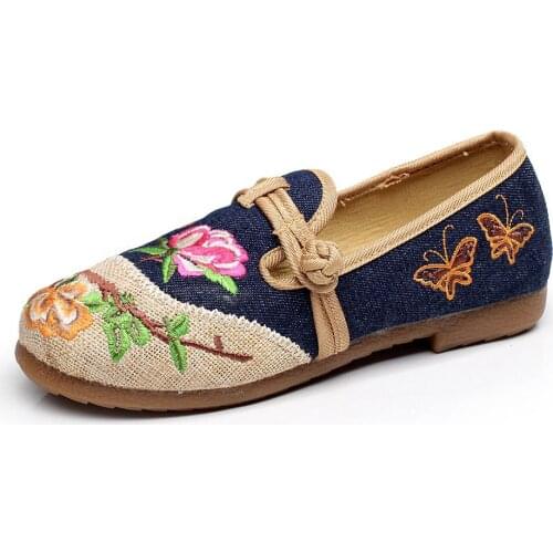 Autumn Spring Retro Ladies Flat Loafers Chinese Style Flower Embroidered Elegant Women Walking Cotton Canvas Flats Slip-On
