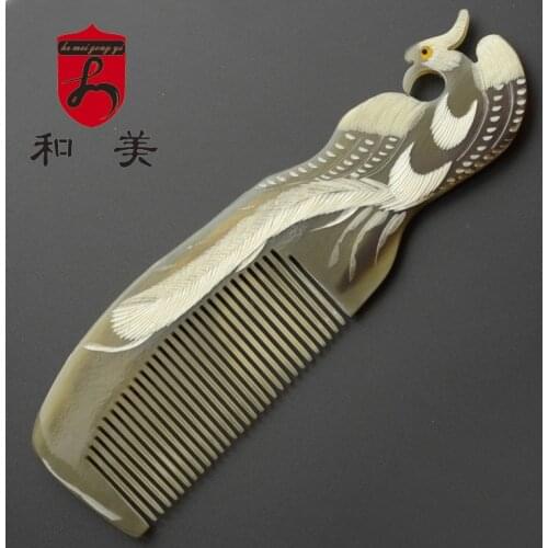 100% Natural Genuine White yak horn comb Handmade Long-handled White Phoenix Art carving health care hair comb antistatic DK288