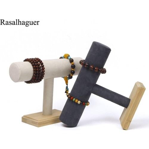 Luxury Bamboo Single T-Bar Rack Bracelets Watches Bangles Necklaces Jewelley Display Holder Stand Velvet Jewelry Organizer