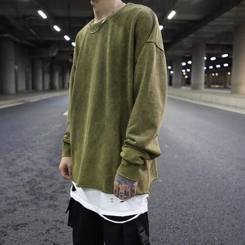 Mens Autumn Loose Vintage Washed Round Neck Sweatshirt High Street Distressed Thin Section Pullovers Pure Cotton Casual Hoodies