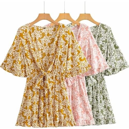 Vintage Floral Print Holiday Casual Jumpsuit Sexy Knot V Neck Batwing Sleeve Short Romper Female Summer Monos Mujer Plus Size