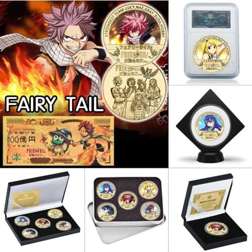 WR 5pcs Japanese Anime Fairy Tail Gold Plated Coins Collectibles with Box Challenge Coin Original Anime Gifts for Children