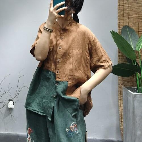 Women Summer Loose Contrast Color Linen Blouse Ladies Vintage Patchwork Flax Irregular Length Tops Shirt 2021