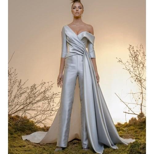 2021 Silver Prom Jumpsuit with Long Train Satin Off the Shoulder 3/4 Long Sleeves Evening Dresses Custom Made Women Pants
