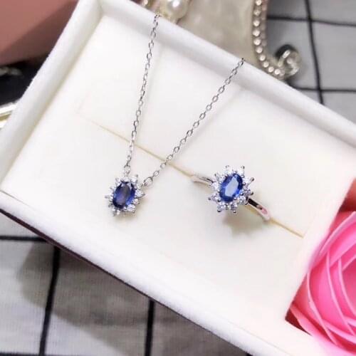 New blue sapphire gemstone ring necklace jewelry set 925 sterling silver women ornament natural gem Sep.birthstone birthday gift