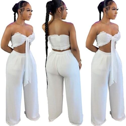 Cutubly Summer Club Casual 2 Piece Set Solid Trousers Sets New Sexy Strapless Lace Up Crop Top Wide Leg Pants Women Set