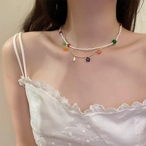 Korean Beaded Choker Necklace Cute Flower Pendant Chain Necklaces for Woman Girl Vintage Fashion Jewelry Party Accessories Gifts