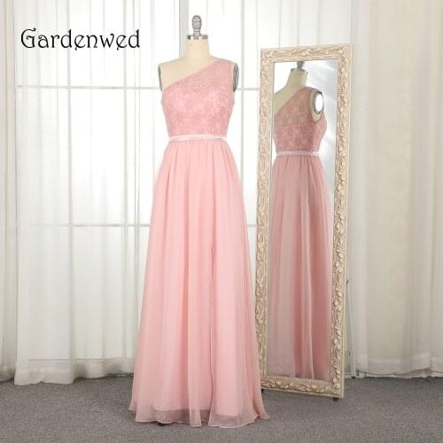 Gardenwed Rose Pink One Shoulder Evening Dress vestido elegante Simple Style Floor Length Lace Chiffon Formal Dress Gowns