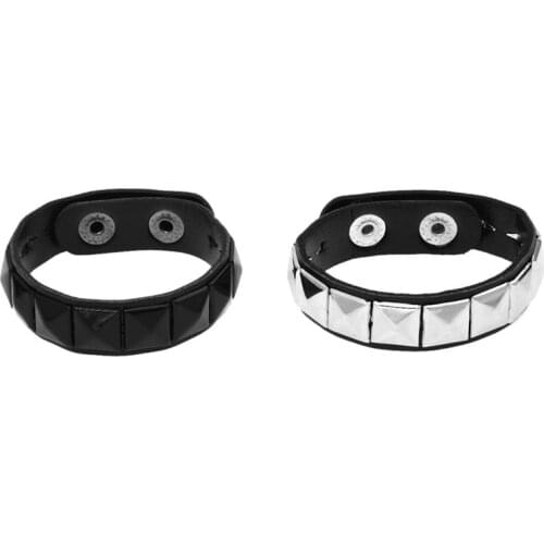 2pcs White Rivet + Black Rivet Punk Pyramid Studded Artificial Leather Bracelet Wristband