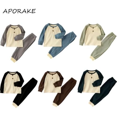 2021 0-6Y Casual Children Contrast Color Clothes Set Boys Girls Spring Autumn Long Sleeve O-neck T-shirt with Buttons+Trousers