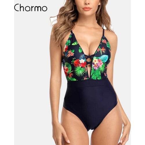 Charmo Monokini Swimsuit Women Swimwear One-piece Floral Backless V-Neck Print Bathing Suit Deep Plunge Beachwear New