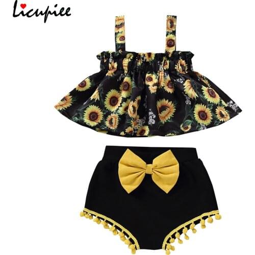 0-12 Months Girls 2pcs Summer Clothes Set, Sunflower Printed Suspender Skirt Hem Tops with Bow Decoration Triangle Shorts