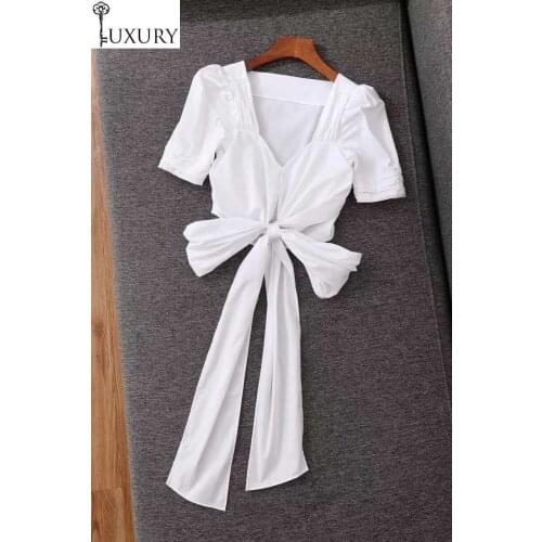 Crop 2020 Summer Fashion Women Sexy V-Neck Cross Bow Deco Back Short Sleeve Casual Grey White Blue Cotton Tops Ladies