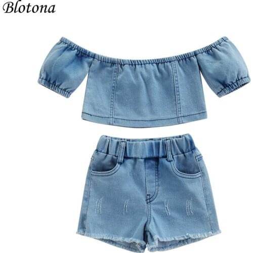 Blotona 2Pcs Toddler Summer Outfit, Denim Solid Color Strapless Crop Tops + Elastic Waist Shorts for Girls, 6 Months - 5 Years