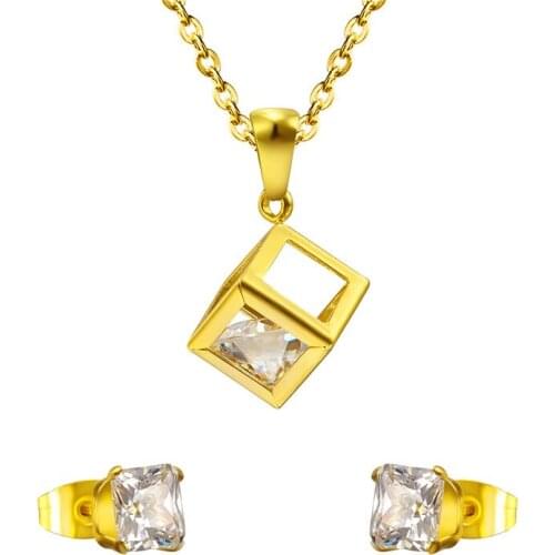LUXUKISSKIDS Zircon Square Stainless Steel Dubai Wedding African Jewelry Set Gold Necklace Earrings Jewelry Sets For Women