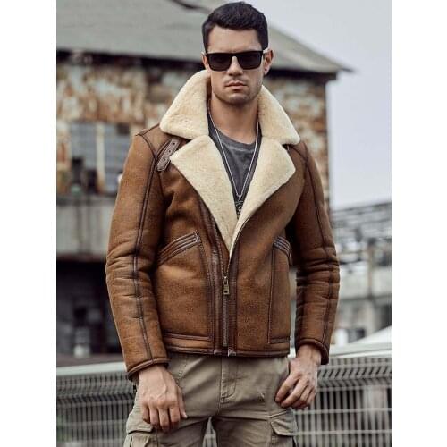 New Mens B3 Shearling Jacket Brown Leather Jacket Flight Jacket Short Fur Coat Fashion Motorcycle Jacket