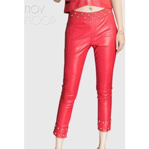 Novmoop rivet decoration stretch leather spliced sheepskin genuine leather pencil pants women trousers pantalon calça LT2916