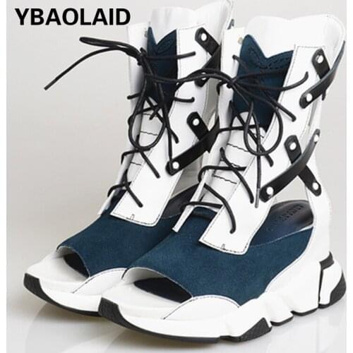 Open-toe Shallow Mouth Color-blocking Lace-up Rivet Belt Decorative Inner Heightening Platform Wedge Heel Casual Sports Sandals