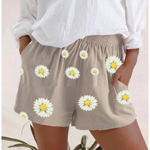 High Waist Short Pants Women Plus Size 5xl Pocket Cotton Linen Loose Shorts Vintage Daisy Print Shorts Summer Casual Psnts A20