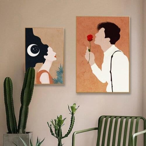 Nordic Modern Boho Romantic Sweet Figure Couple Cat Canvas Paintings Posters Pictures Print Wall Art For Living Room Home Decor
