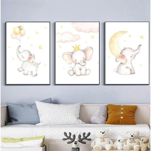 Elephant Moon Star Baby Animal Nursery Poster Child Canvas Print Simple Wall Art Painting Nordic Kids Room Decoration Picture