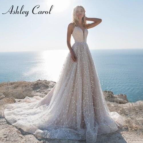 Ashley Carol A-Line Wedding Dress 2021 Beaded Sweetheart Beach Bride Dresses Spaghetti Straps Sexy Backless Lace Up Bridal Gown