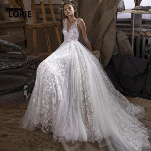 LORIE Wedding Dresses with Shiny Stars Tulle long Train 2020 Sleeveless V-neck Boho Bridal Gowns A-line Sparkling Bride Dress