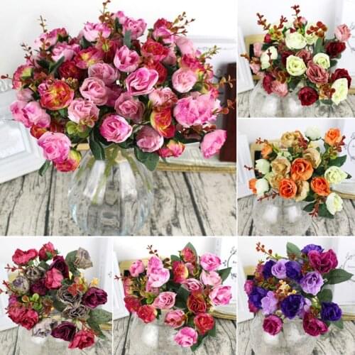Artificial Silk Rose 21 Heads Flower Home Party Decor Faux Rose Fake Flower Bunch Wedding Decor Flowers Burgundy Bouquet