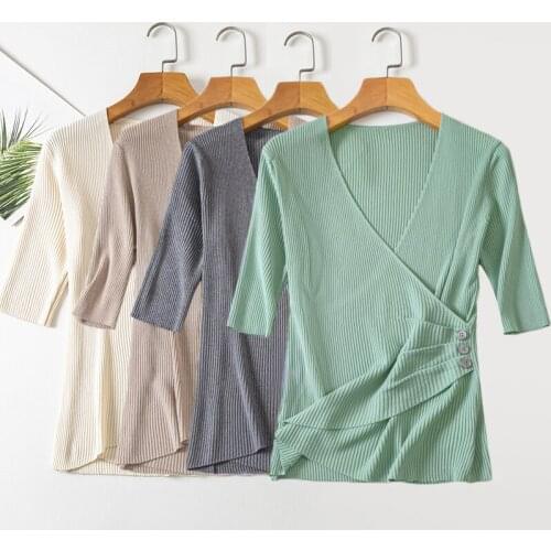 T Shirt Women 2021 Korean Style Knitted Sweater Short Sleeve Pullovers Ice Silk V Neck Solid Color Slim Chic Tops Tee Female