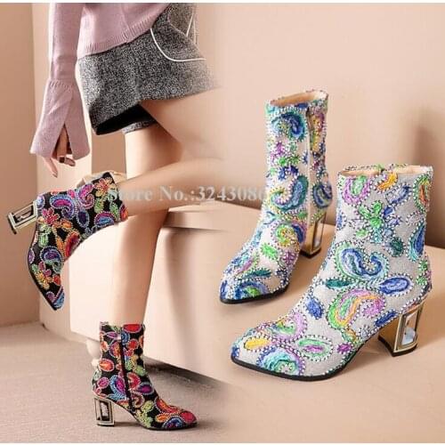 New Mixed Color Embroidered Birdcage Heel Women Ankle Boots Best Design Strange Style Heel Short Boots Popular Crystal Booties