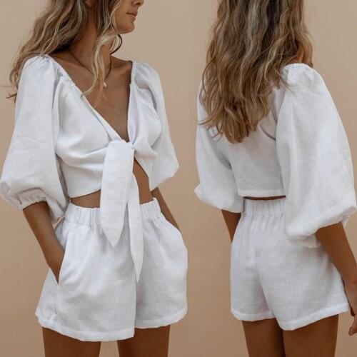 2pcs Set Womens Casual Solid Shorts Middle Sleeve T-Shirt White Shorts Sports Streetwear Summer Beach Tops+Shorts Pants Set