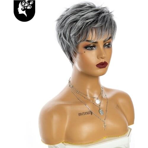 Women Wig Mixed Synthetic Short Layered Curly Hair Puffy Bangs Heat Resistant For White People Body Wave Wigs Grey Color Cosplay
