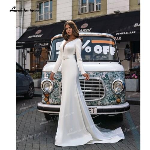 Simple Soft Satin Mermaid Wedding Dresses Sexy V-Neck Illusion Lace Back Long Sleeveless Sashes Bow Court Train Bride Gowns 2021