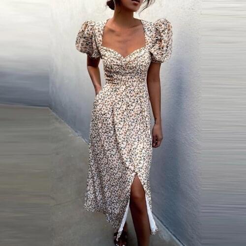 Floral Print Puff Sleeve Womens Midi Dress Elegant Square Neck Side Slit Female Dresses 2021 Summer Lady Sweet Casual Vestidos