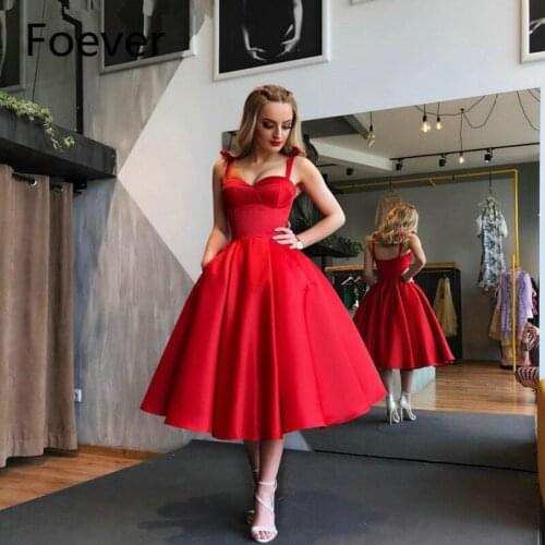 Fashion Red Tea Length Evening Dresses 2019 Sexy Keyhole Back Tie Strap Evening Gowns Robe De soiree