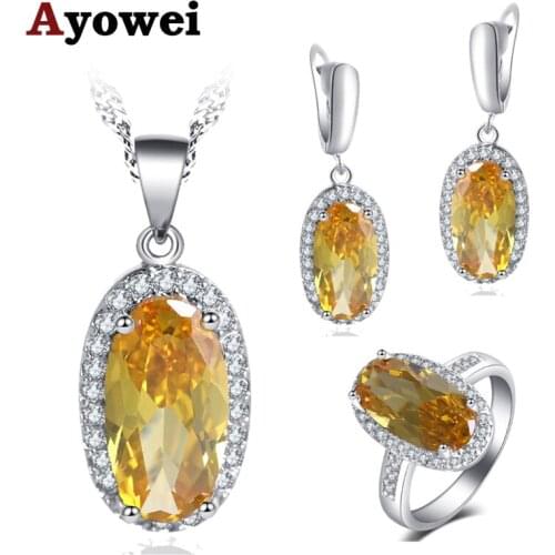 Ayowei For fashion Young girl Elegant Design Oval yellow zircon 925 silver Earring Necklace Ring jewelry Set JS756A